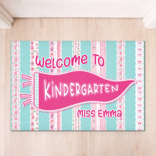 Personalized Kindergarten Doormat for Teacher with personalized design details for meaningful gifting