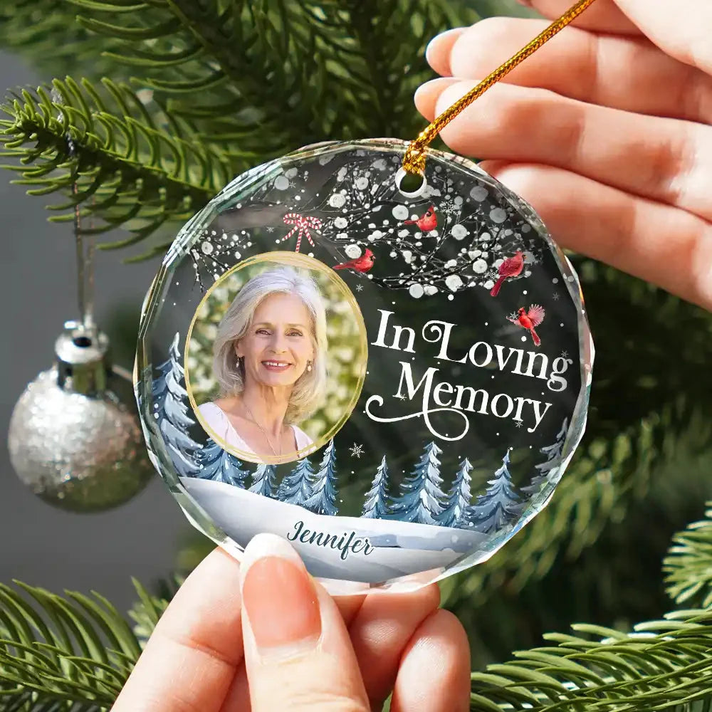 "Forever in My Heart" Custom Photo Cardinal Glass Ornament - Personalized Memorial Christmas Gift