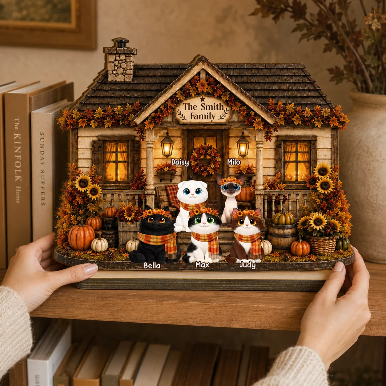 Personalized Fall Season Cat House Wooden Plaque - Custom Pumpkin Autumn Decor Gift