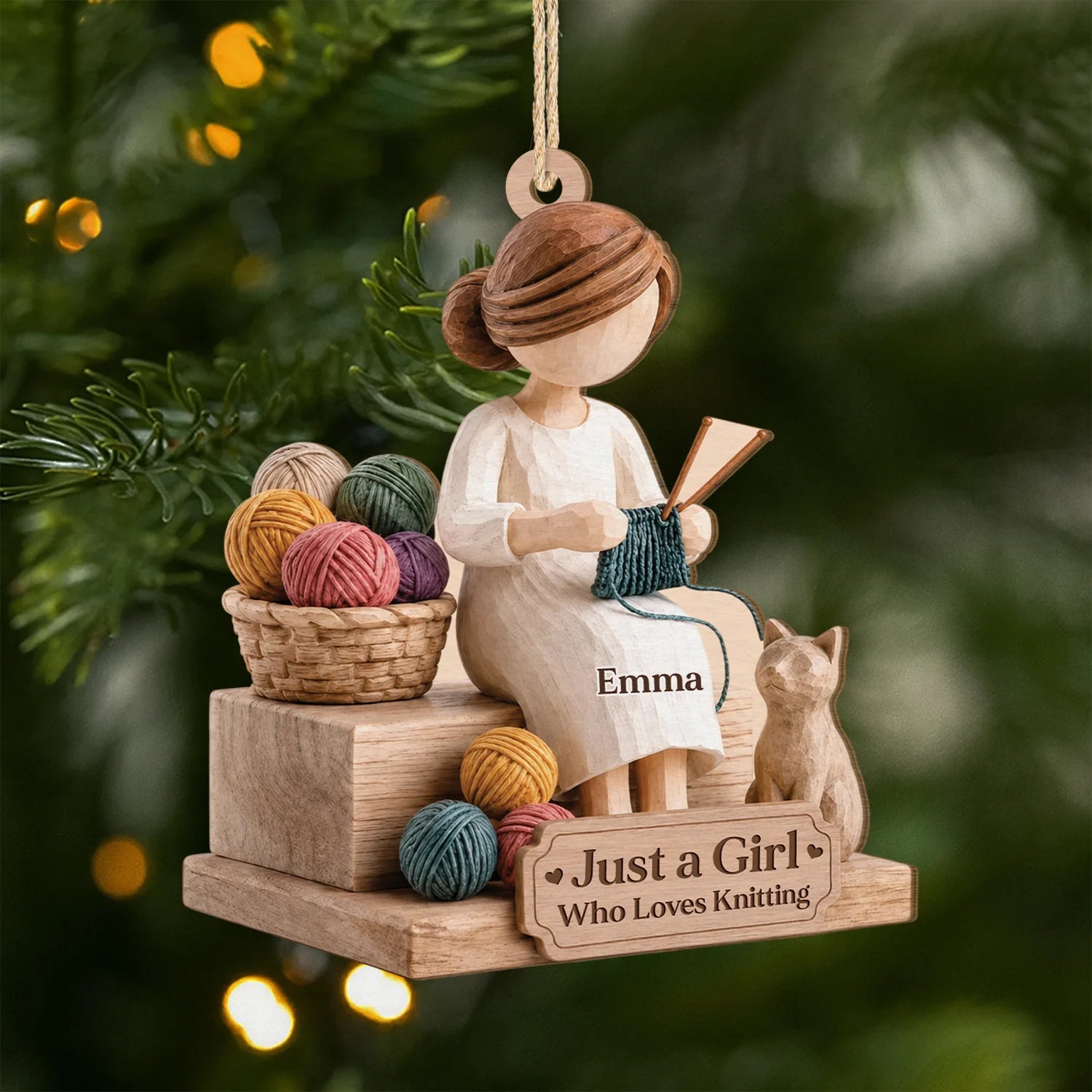 "Just a Girl Who Loves Knitting" Personalized Wooden Ornament - Custom Gift for Knitters and Crafters