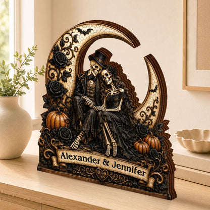 Eternal Skeleton Couple On Moon Personalized Wooden Block - Custom Gothic Halloween Wedding Gift for Couples