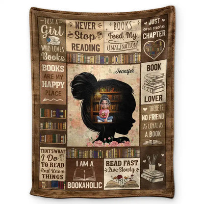 Personalized book lover blanket with custom name Jennifer and 'Just A Girl Who Loves Books' text print