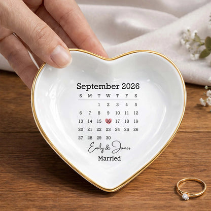 Personalized wedding calendar heart jewelry dish with custom names Emily & James and marked date image 6