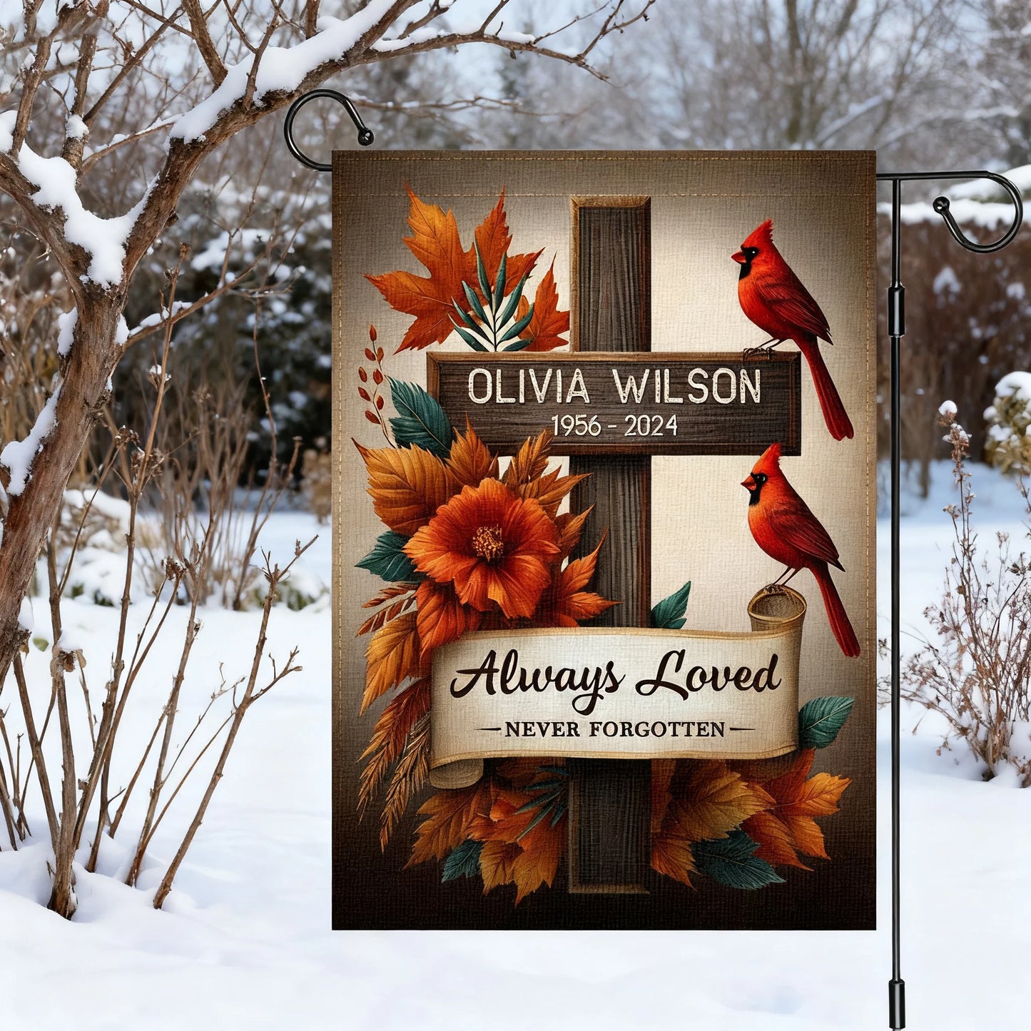 Always Loved Never Forgotten Personalized Garden Flag - Custom Cardinal Memorial Tribute Yard Flag for Family