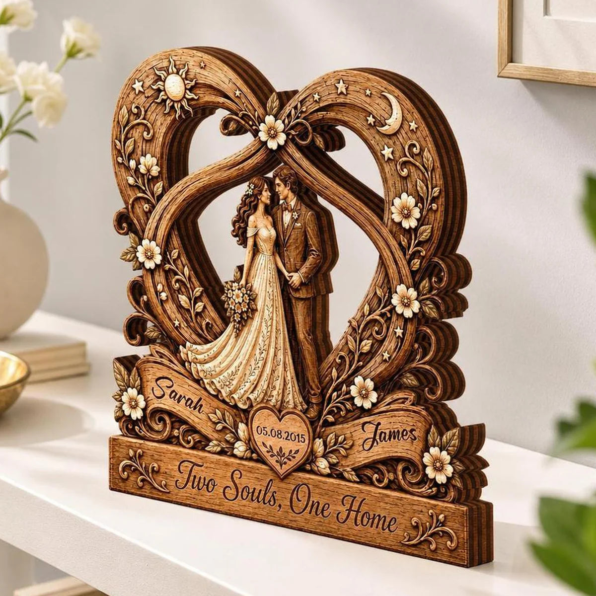 "Two Souls One Home" Personalized Couples Wooden Block - Custom Heart Anniversary Keepsake Gift for Wife Husband