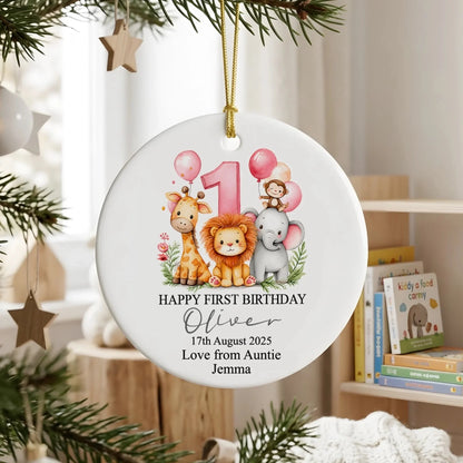 Happy First Birthday Safari Animals Ceramic Ornament - Custom Baby Keepsake Gift