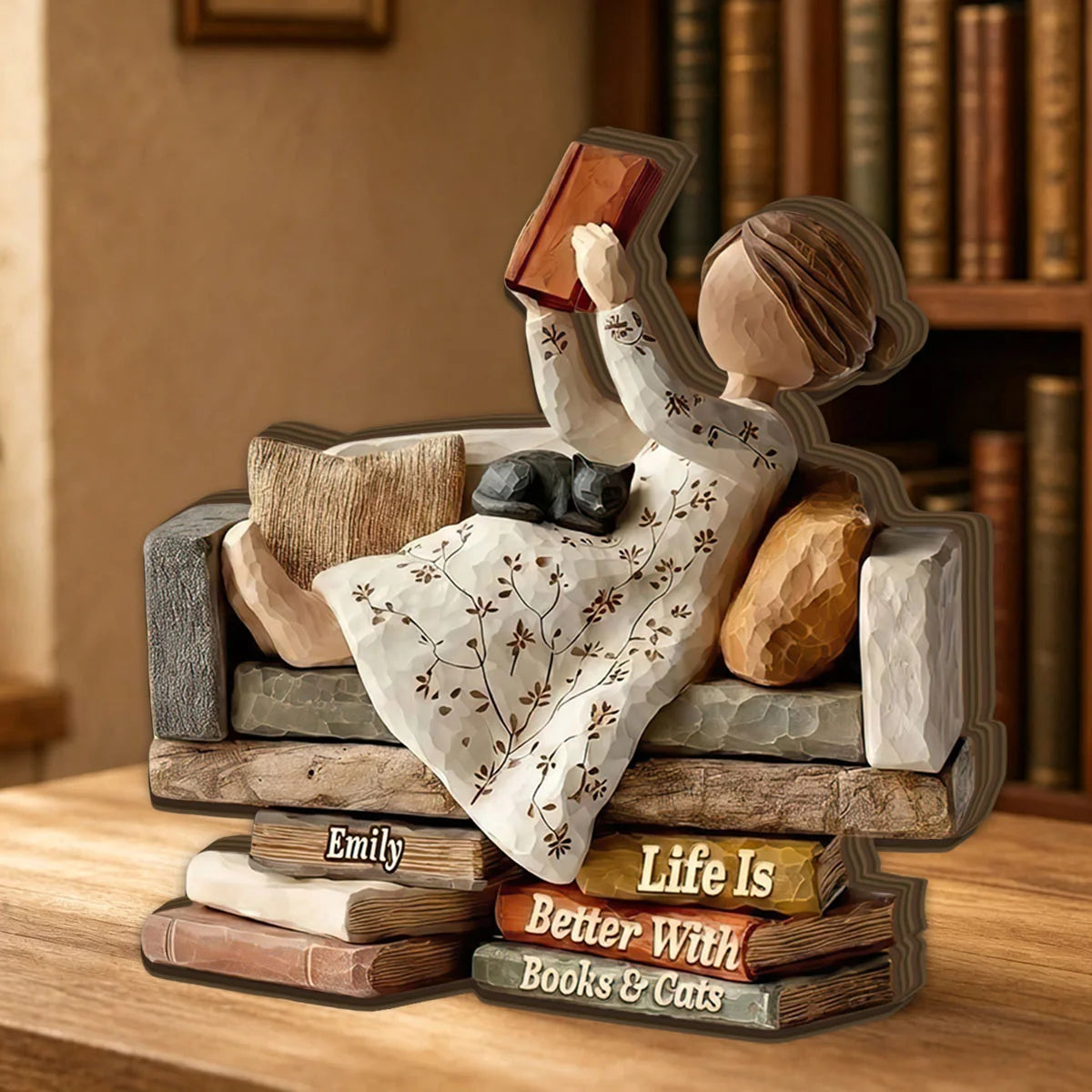 "Life Is Better With Books & Cats" Personalized Book Lover Wooden Block - Custom Gift for Cat Mom Reader