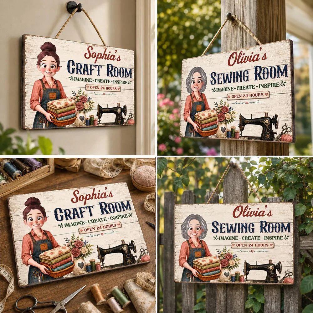 Personalized sewing room wooden sign with custom name craft girl design for mom birthday gift image 7