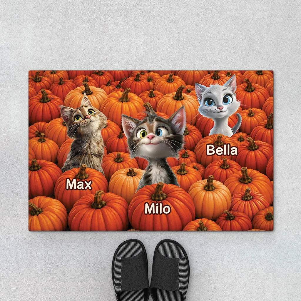 Cute Pumpkin Patch Custom Cat Doormat - Personalized Fall Welcome Mat for Cat Lovers