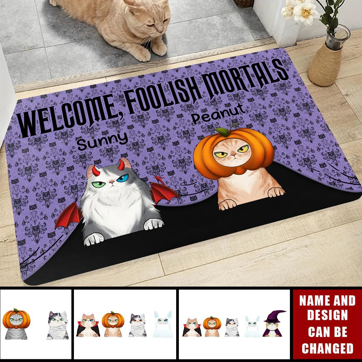 Welcome Foolish Mortals Personalized Halloween Cat Doormat - Custom Front Porch Decor for Cat Lovers