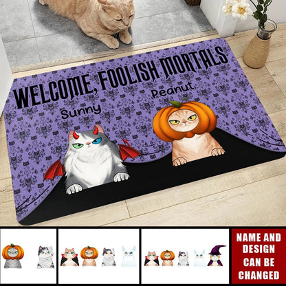 Welcome Foolish Mortals Personalized Halloween Cat Doormat - Custom Front Porch Decor for Cat Lovers