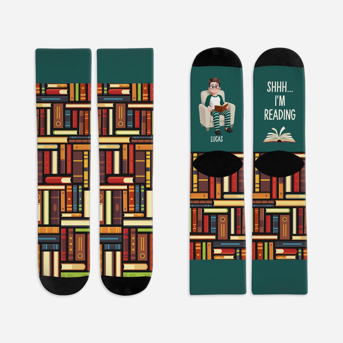 Personalized reading socks with custom character and name featuring Shhh I'm Reading printed text for book lovers