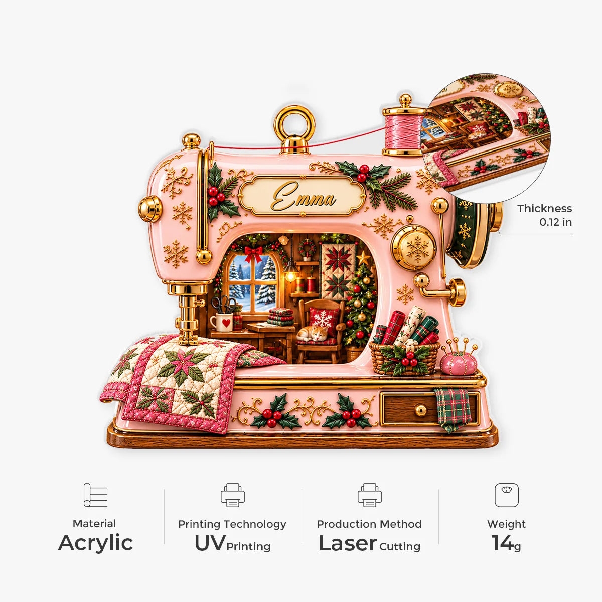 Vintage Quilt Sewing Machine Personalized Acrylic Ornament - Christmas Decor Gift for Sewers