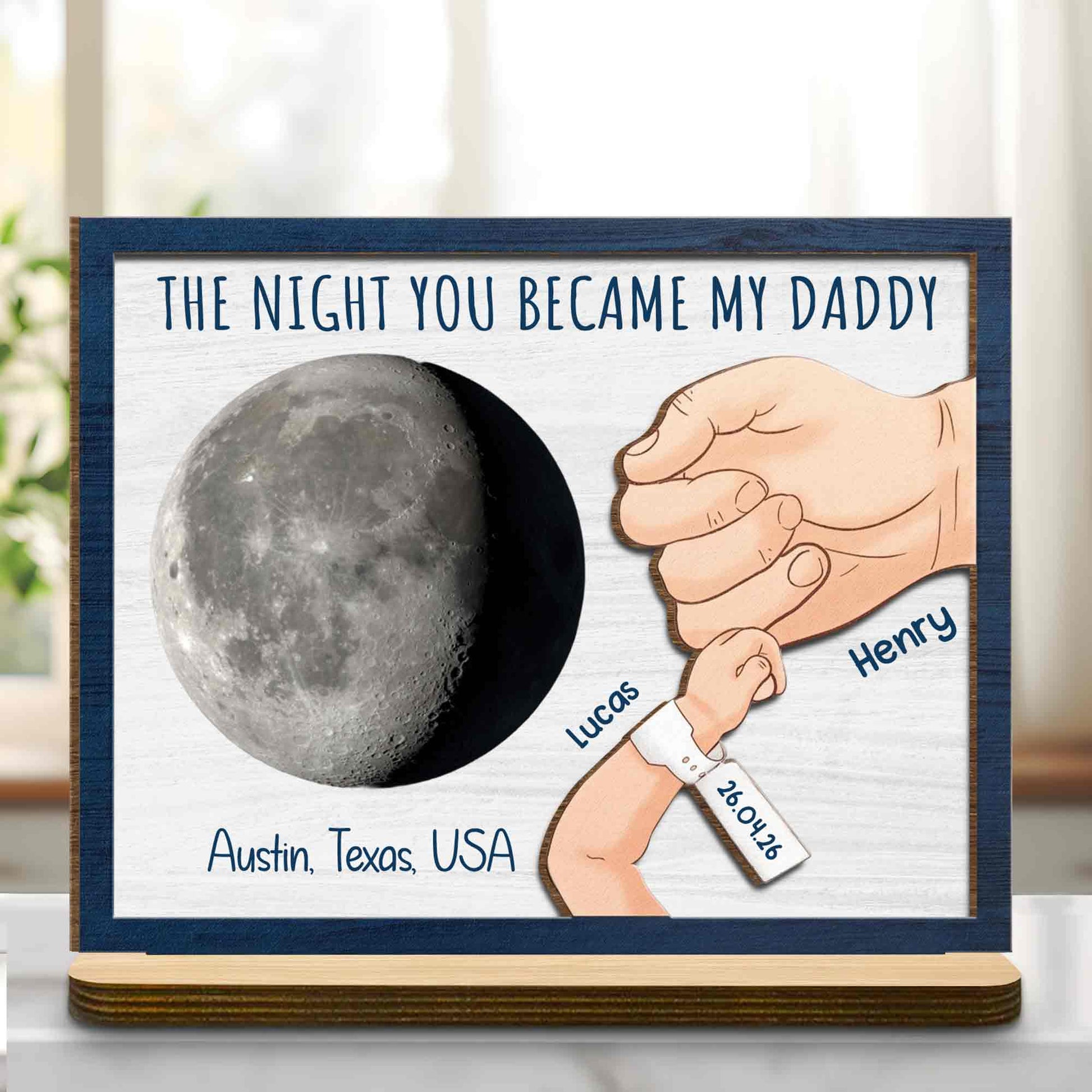Personalized Father's Day wood plaque gift for dad featuring a custom moon and pinky promise hands design