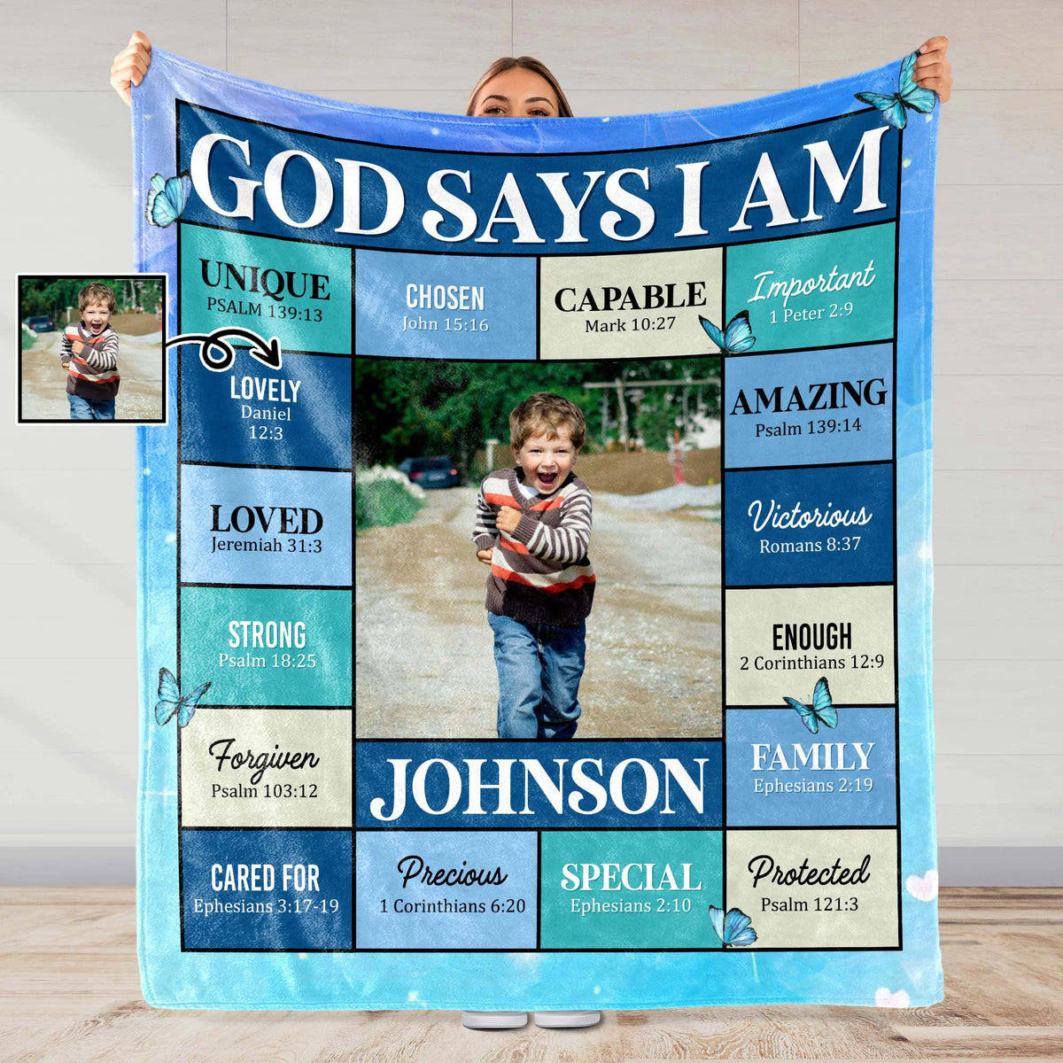God Says I Am Unique Custom Photo Blanket - Personalized Christian Kids Bible Verse Keepsake