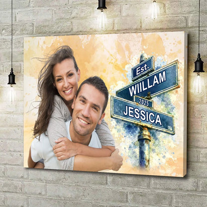 Custom photo canvas poster with personalized street sign for couples anniversary wall art