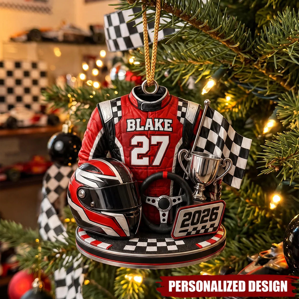 Custom Name Race Car Driver Christmas Ornament - Personalized Racing Suit Gift for Him