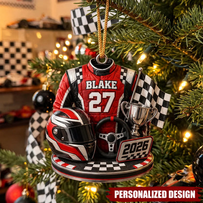 Custom Name Race Car Driver Christmas Ornament - Personalized Racing Suit Gift for Him