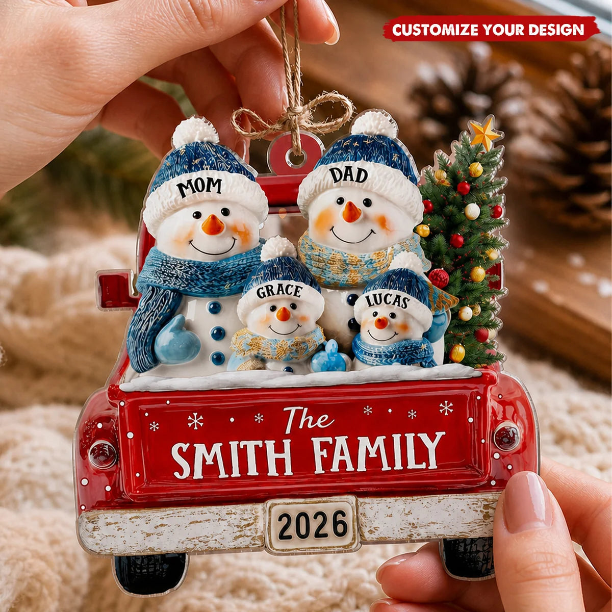 Personalized Snowman Family Acrylic Ornament - Custom Red Truck Christmas Keepsake