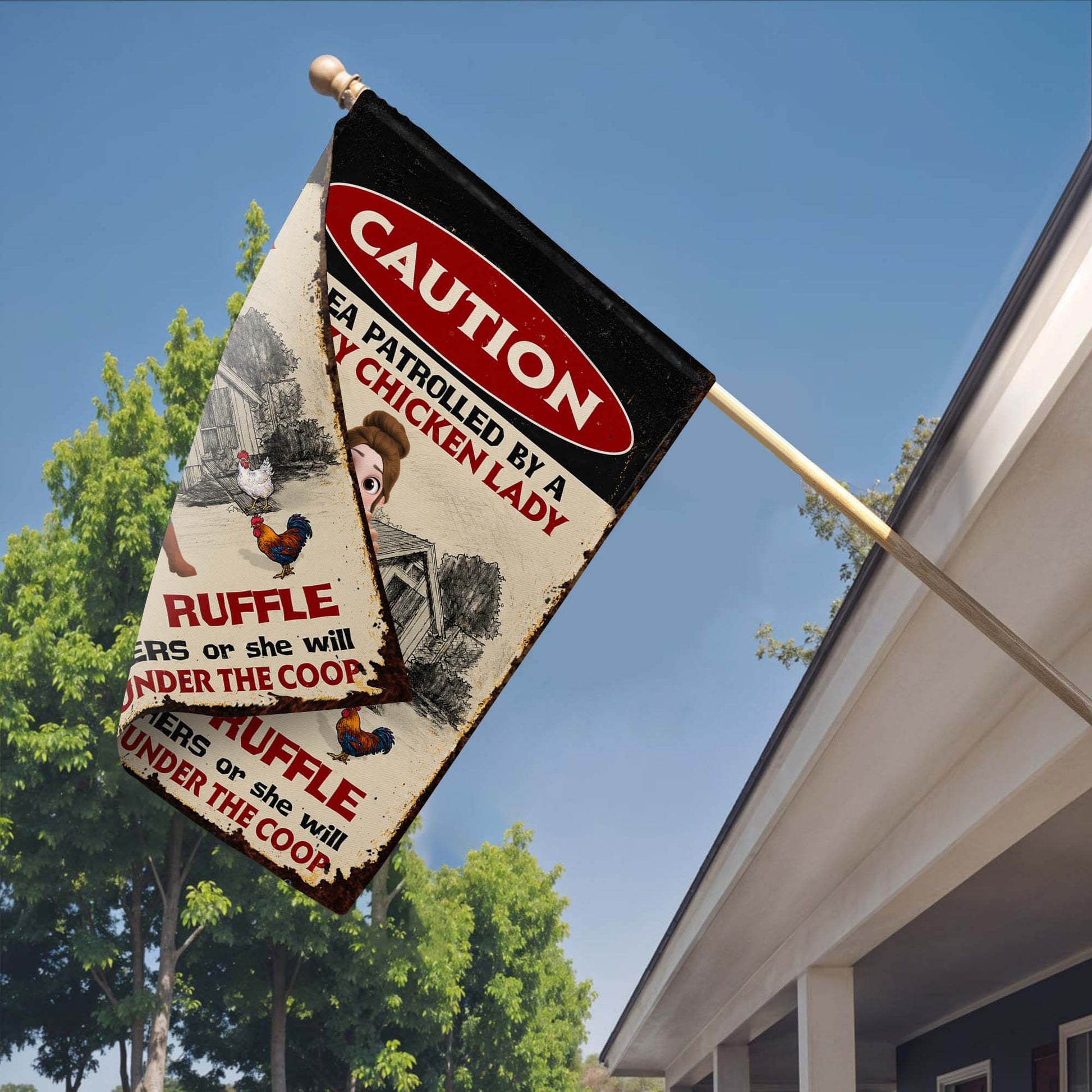 Crazy chicken lady garden flag with personalized name and funny coop warning - custom farm yard decor image 7