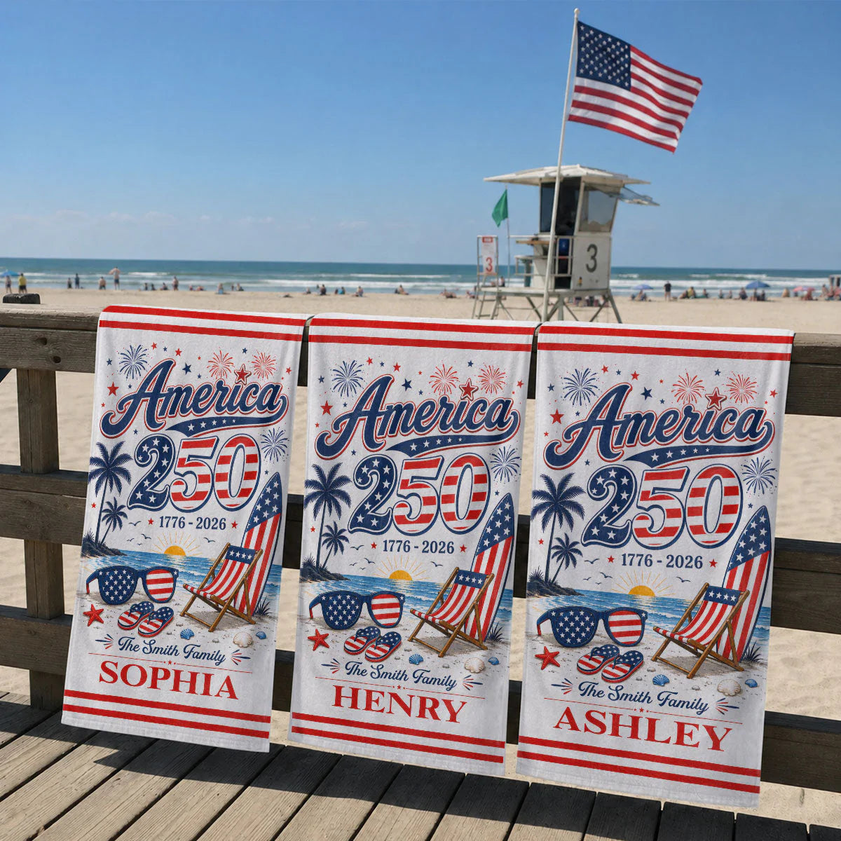 Custom America 250Th Family Beach Towel personalization view for Family