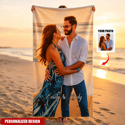 Custom Photo Beach Towel for Couples with personalized design details for meaningful gifting