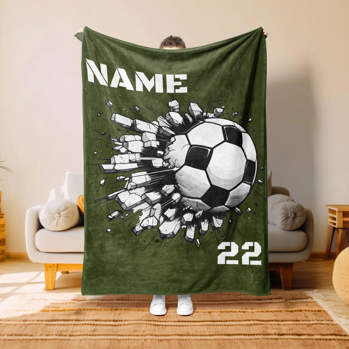 Custom Name & Number Soccer Blanket - Personalized Birthday Gift for Kids & Youth Players