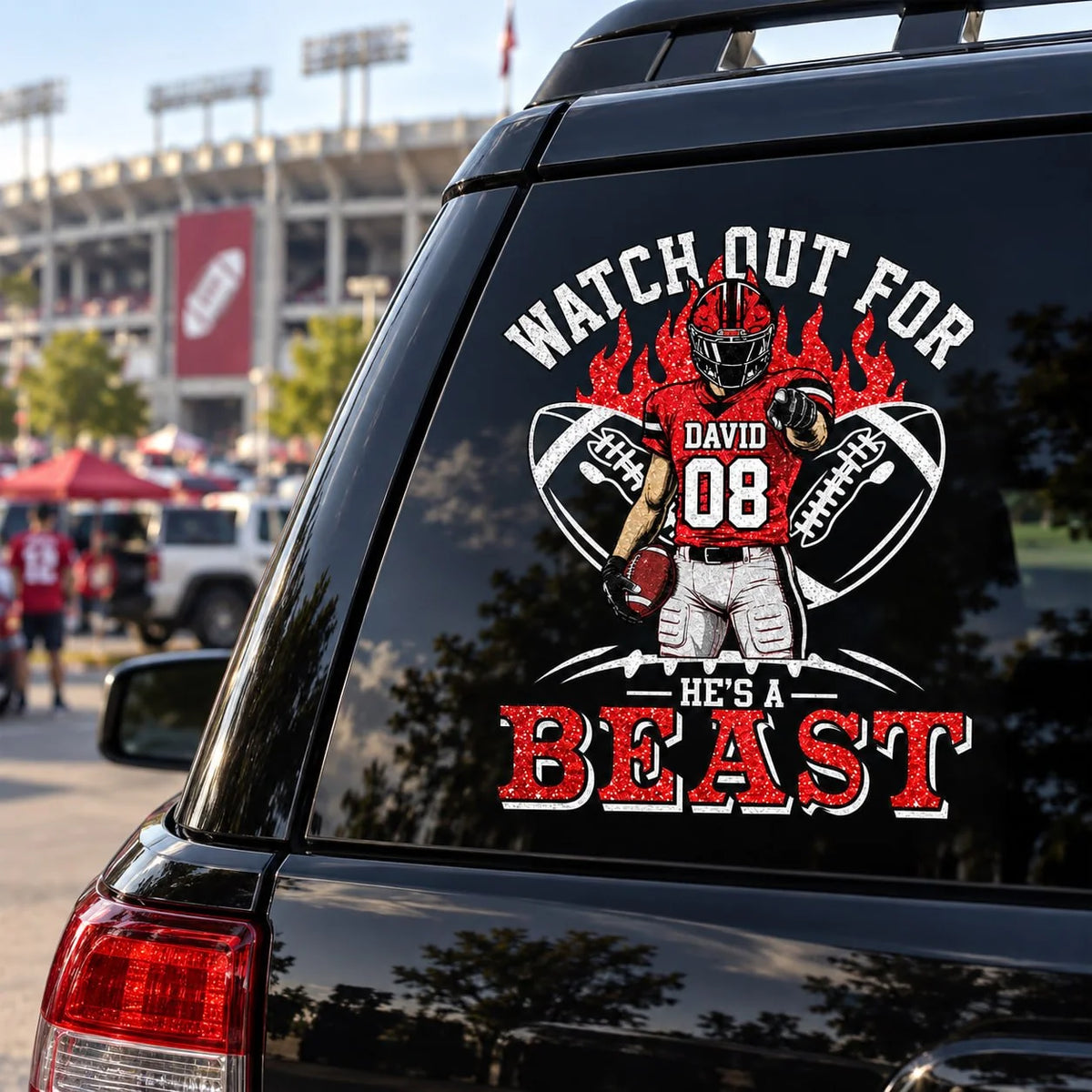 Personalized Watch Out For He's A Beast Car Decal, Custom Football Player Sticker, Gift for Sports Moms and Dads T1807 VH01	