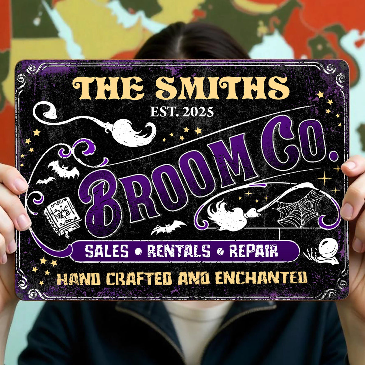 Broom Co. Hand Crafted & Enchanted Personalized Metal Sign - Custom Vintage Halloween Decor for Family