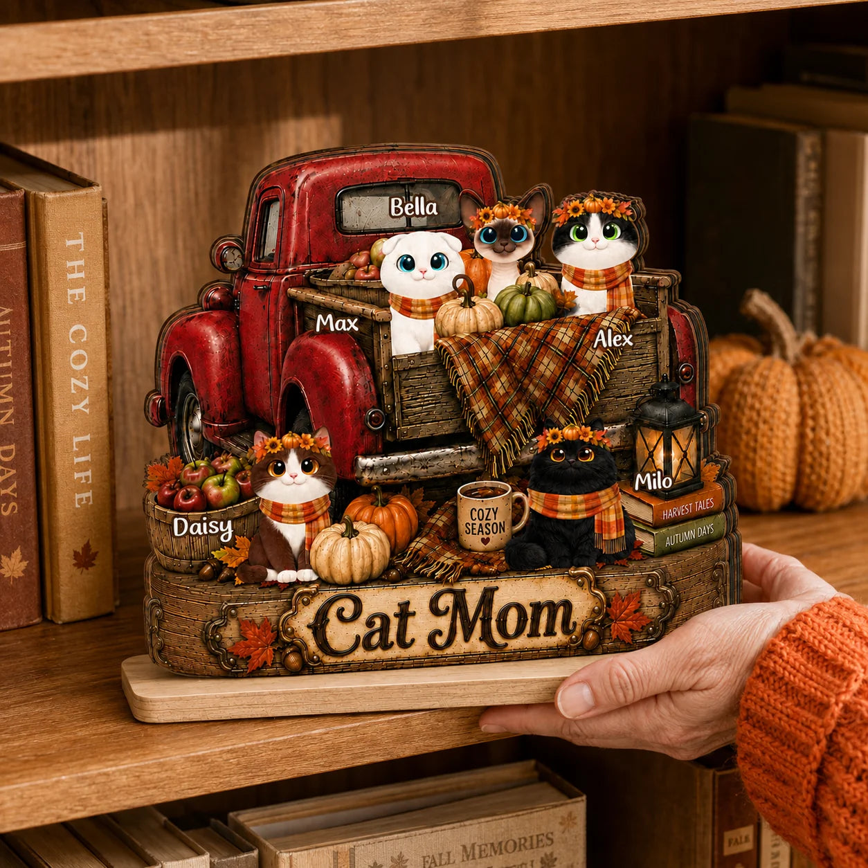 Vintage Fall Truck Personalized Cat Mom Wooden Plaque - Custom Autumn Harvest Pet Keepsake Gift