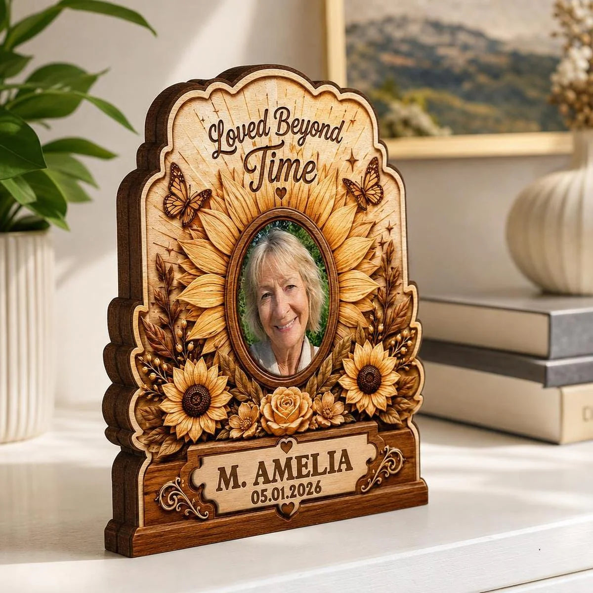 "Loved Beyond Time" Personalized Photo Wooden Block - Custom Memorial Keepsake Gift for Loss of Loved One