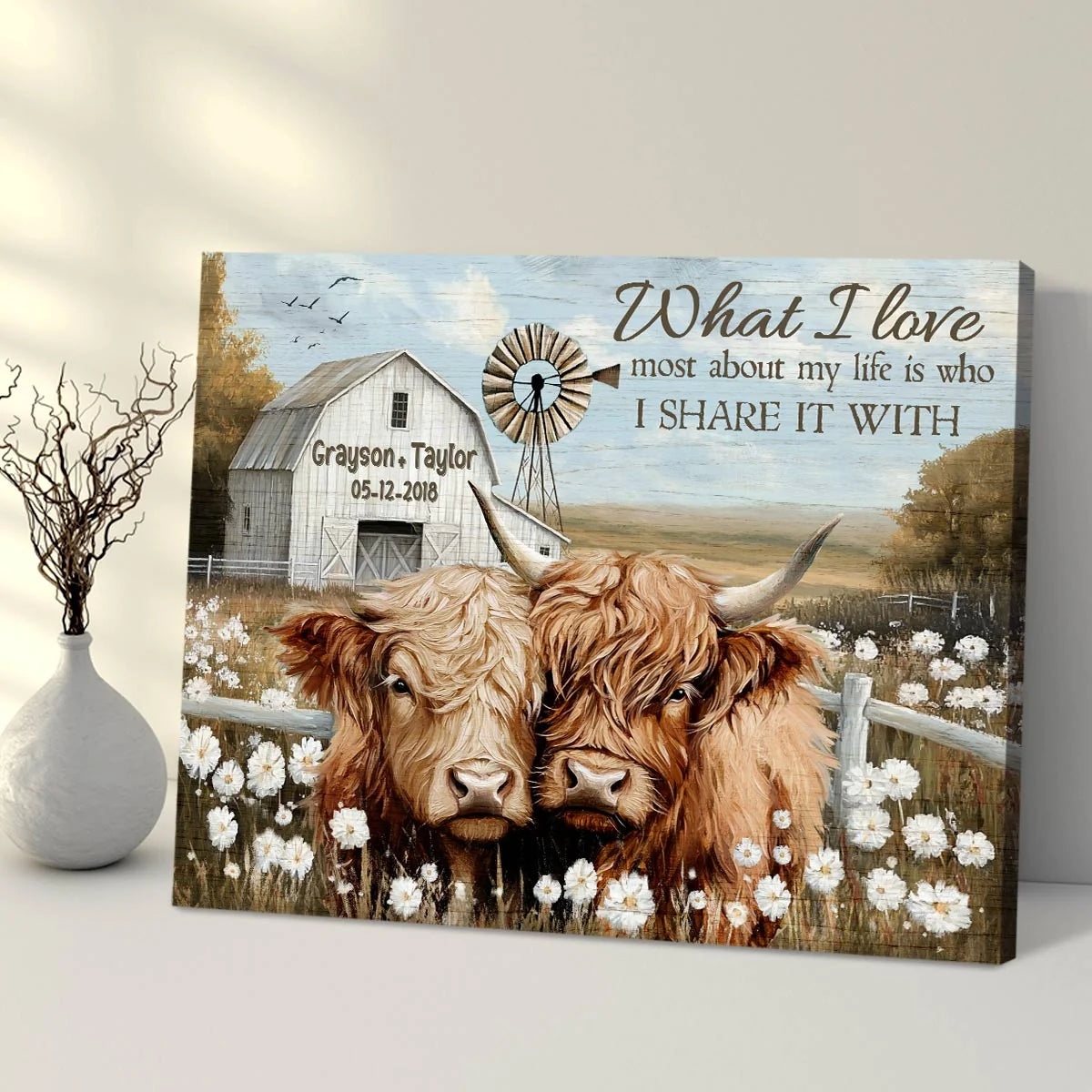 "What I Love Most About My Life" Personalized Highland Cow Canvas / Poster - Custom Wall Art for Couples Anniversary Gift