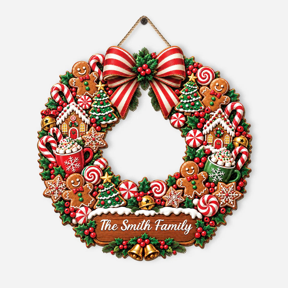 Personalized Christmas Gingerbread Wreath Wood Sign - Family Holiday Decor