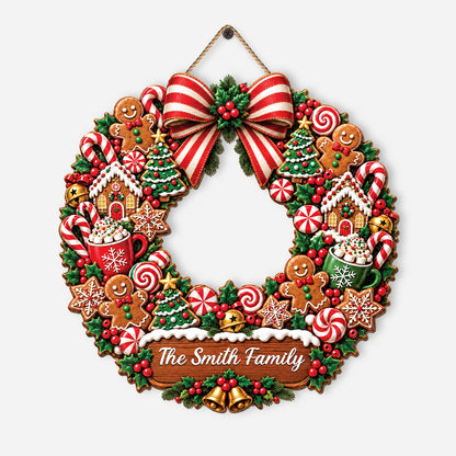 Personalized Christmas Gingerbread Wreath Wood Sign - Family Holiday Decor