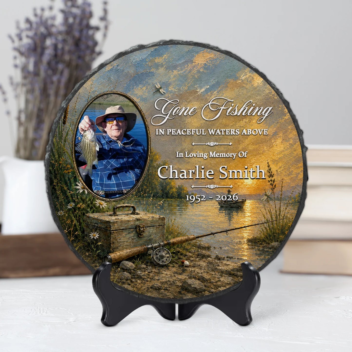 Gone Fishing In Peaceful Waters Above - Personalized Memorial Stone Keepsake for Dad