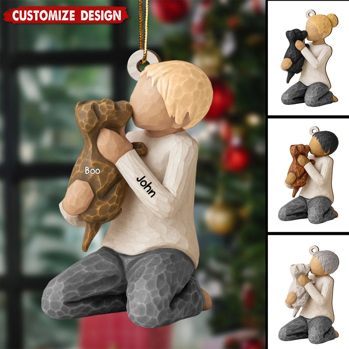 Boy and Girl Hugging Dog Personalized Wooden Christmas Ornament - Custom Keepsake Gift for Dog Lovers