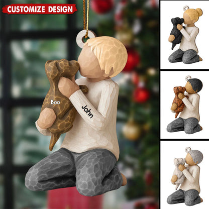 Boy and Girl Hugging Dog Personalized Wooden Christmas Ornament - Custom Keepsake Gift for Dog Lovers