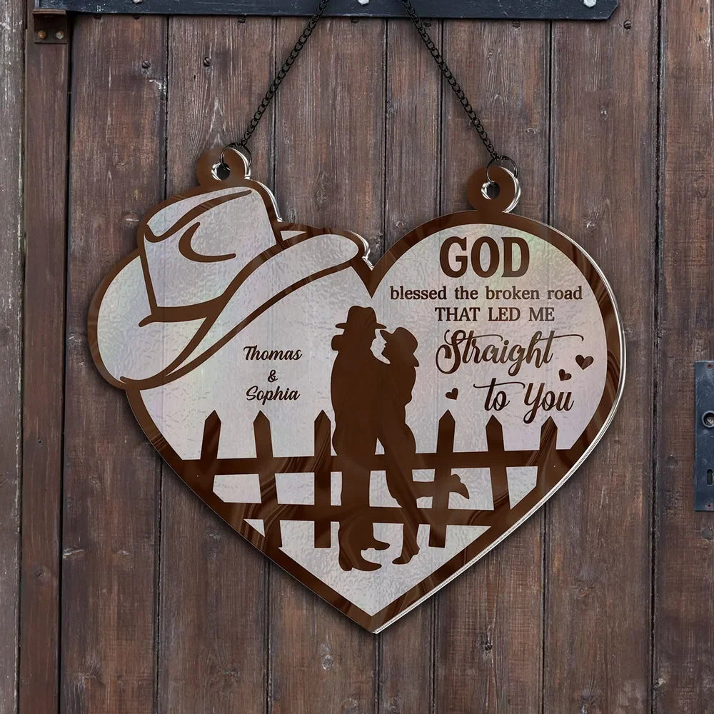 God Blessed The Broken Road Couple Suncatcher for Couples with personalized design details for meaningful gifting image 7