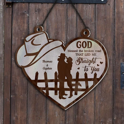 God Blessed The Broken Road Couple Suncatcher for Couples with personalized design details for meaningful gifting image 7
