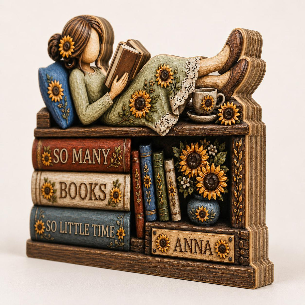 "So Many Books So Little Time" Personalized Book Lover Gift - Custom Sunflower Wooden Block