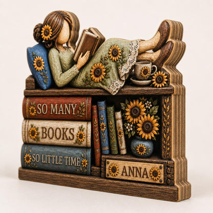 "So Many Books So Little Time" Personalized Book Lover Gift - Custom Sunflower Wooden Block