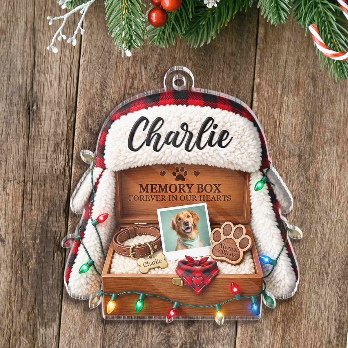"Memory Box Forever in Our Hearts" Custom Photo Dog Pet Remembrance Acrylic Ornament - Christmas Gift for Pet Lovers