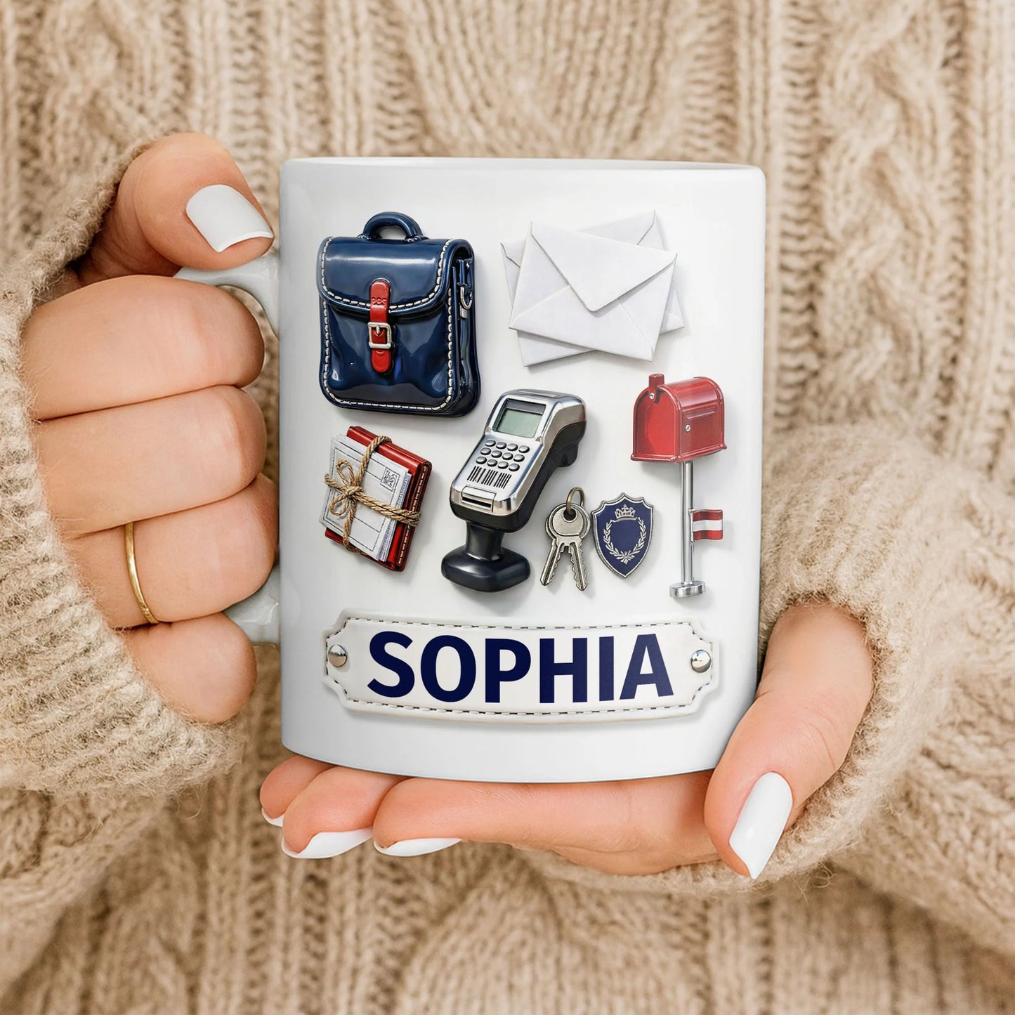 Personalized professional coffee mug featuring mail carrier icons and custom name Sophia for coworkers and postal workers image 9