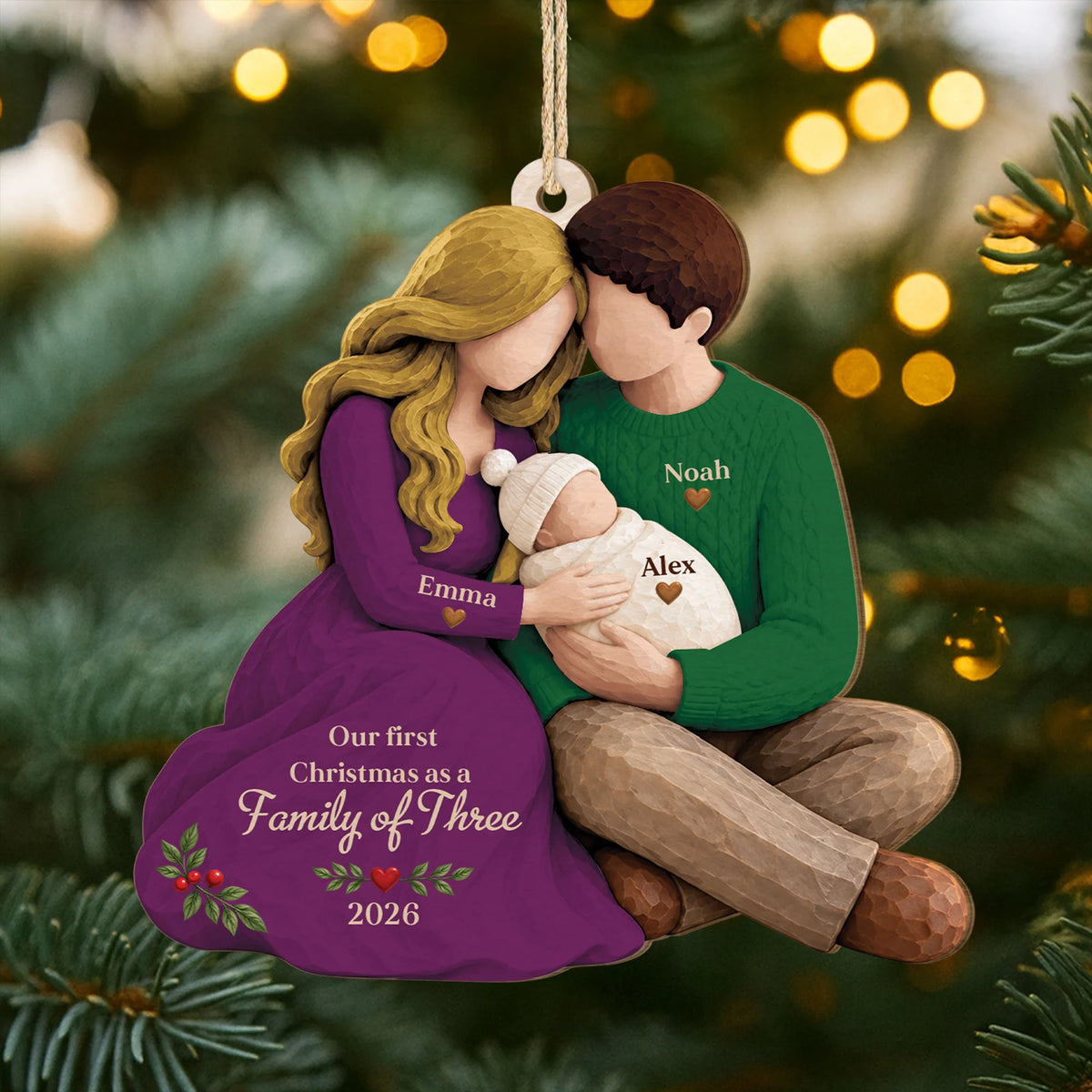 Our First Christmas as a Family of Three - Personalized Wooden Ornament for New Mom Dad Holiday Keepsake