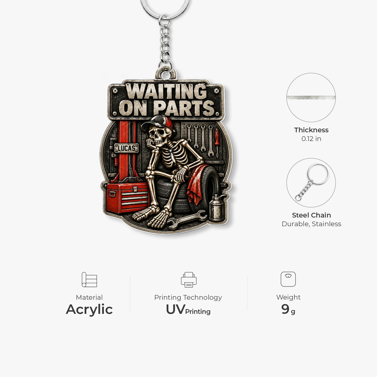 "Waiting On Parts" Funny Skeleton Mechanic Keychain - Custom Name Gift for Dad & Husband