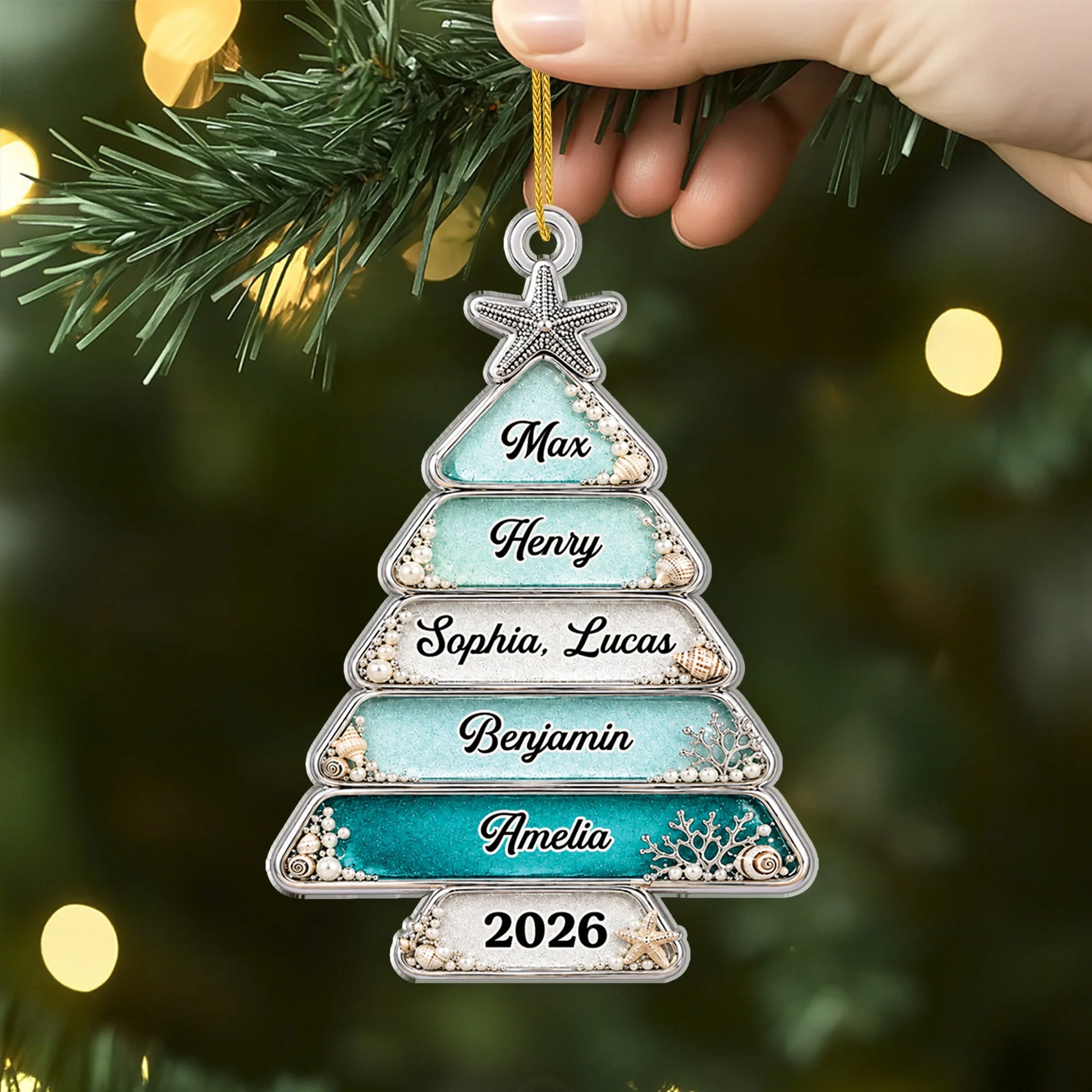 Custom Sea Glass Family Christmas Tree Acrylic Ornament - Personalized Holiday Keepsake Gift for Family