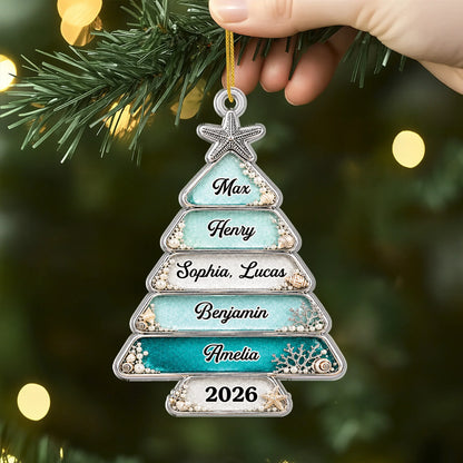 Custom Sea Glass Family Christmas Tree Acrylic Ornament - Personalized Holiday Keepsake Gift for Family
