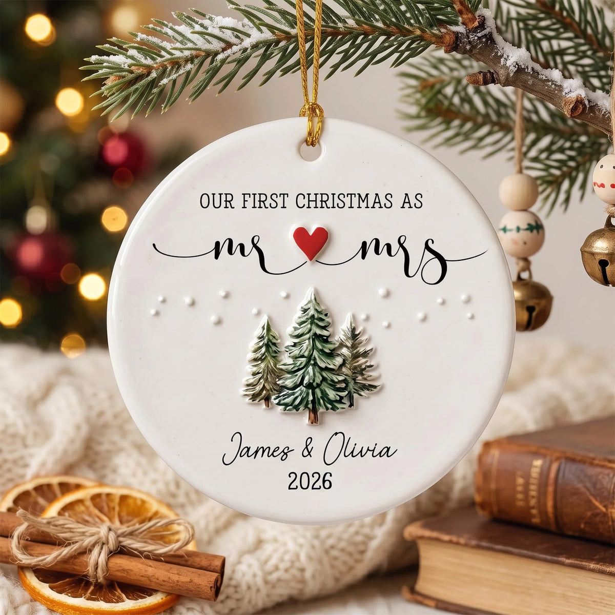 Our First Christmas As Mr and Mrs Personalized Ceramic Ornament - Holiday Keepsake for Newlyweds Couples