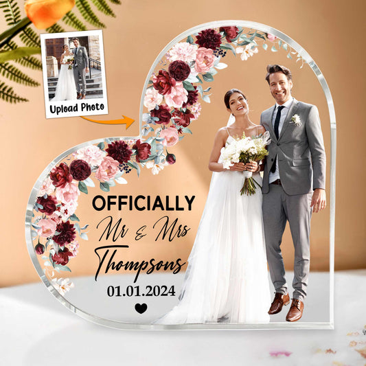 Custom wedding photo acrylic plaque with flowers and personalized text for couples