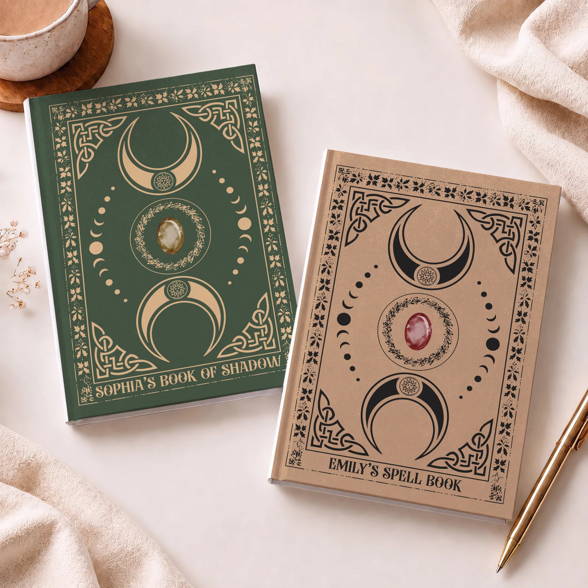 Custom Spell Book Moon Phase Leather Journal - Personalized Witchy Grimoire Notebook